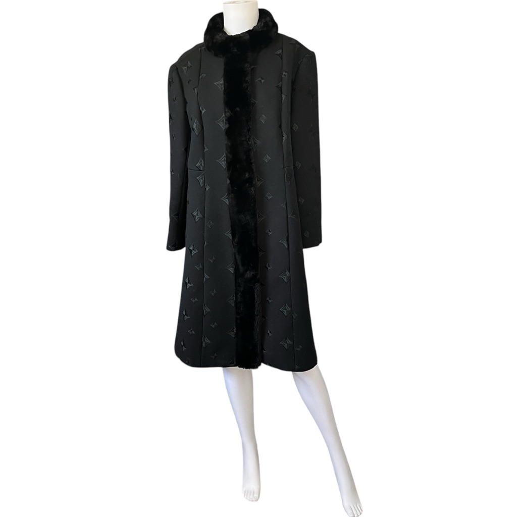 Vintage Elegant Black Long Coat Fur Trim Diamond Embroidered Lined